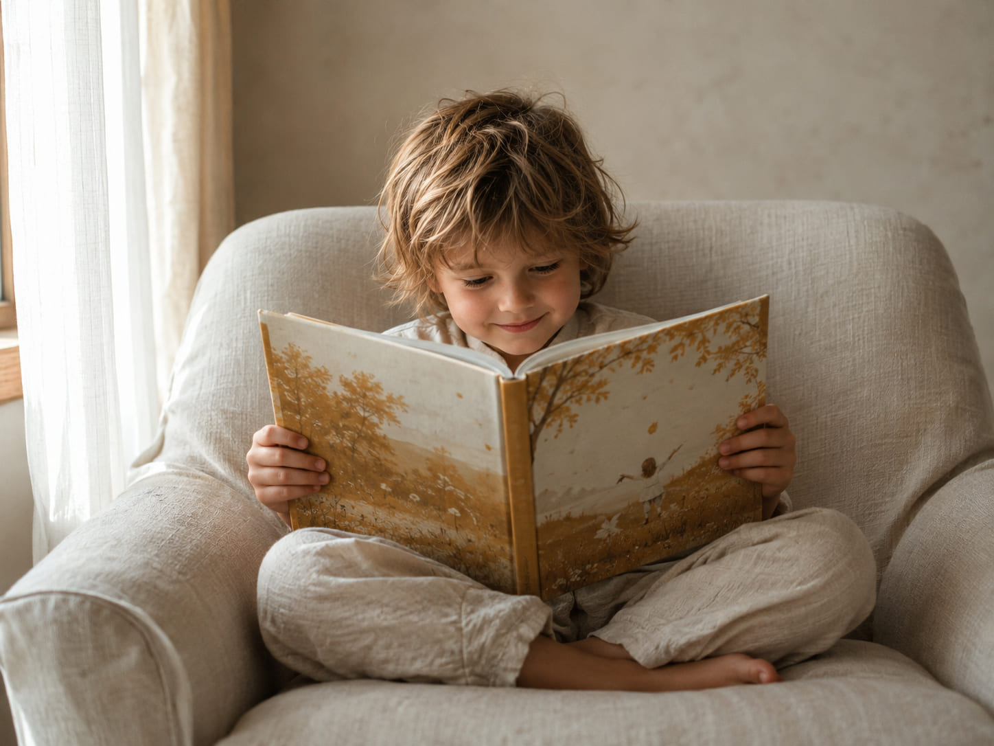 A child curled up in an armchair, reading their own illustrated storybook